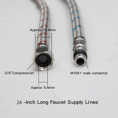 BATHLAVISH 24-Inch Long Bathroom Kitchen Faucet Connector Braided Stainless Steel Supply Hose 3/8-Inch Female Compression Thread x M10 Male Connector, x 2 Pcs (1 Pair)