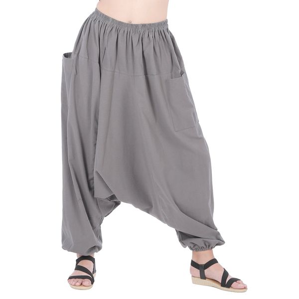 CandyHusky 100% Cotton Hippie Gypsy Boho Baggy Pants Harem Pants for Men Women Yoga Pants Aladdin Pants One Size Fits Most-Grey