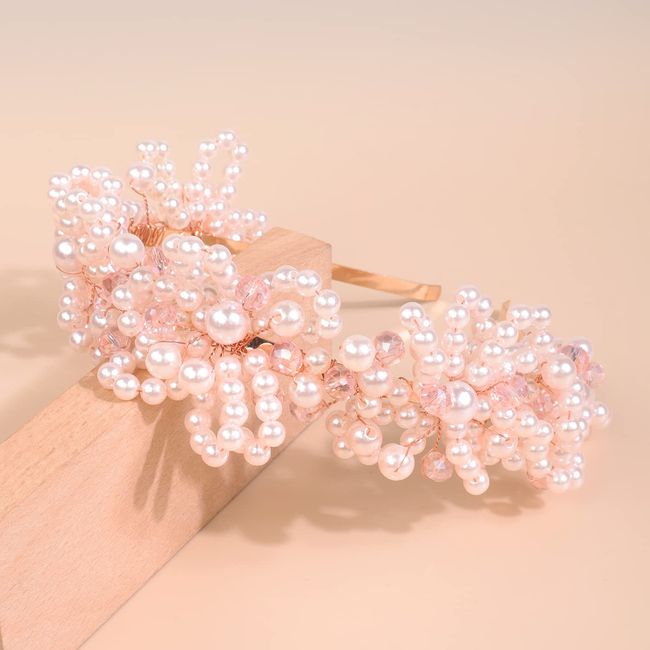 BERYUAN Bridal Pearls Headband Pearls Pink Crystal Rhinestone Wedding Hair Piece Rose Gold Bride Headband Wedding Hair Accessories for Bridal Women and Girls (pink)