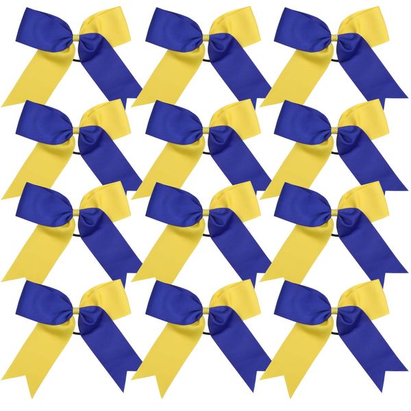 Cheerleading Bow Jumbo Cheer Bows 12 Pcs 7 Inch Ponytail Holder Cheerleader Bows Hair Tie (Royal Blue/Yellow)