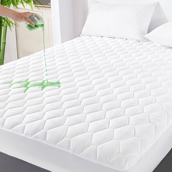 GRT Full Size Quilted Fitted Bamboo Mattress Protector, 100% Waterproof Cooling Breathable Mattress Pad, Noiseless Mattress Cover, fits up to 18" Deep, Dust Proof White