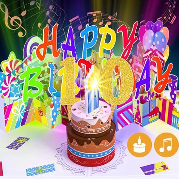 Gumry 10TH Musical Birthday PopUp Card Blowable Colorful Light Candle 3D Card...