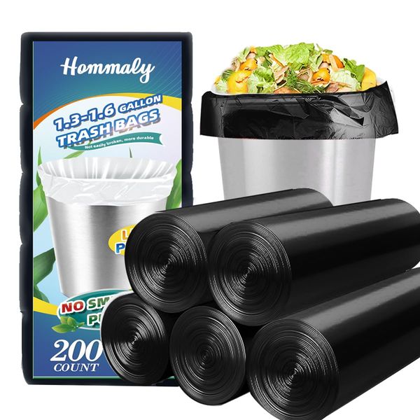 Hommaly 1.5 Gallon 200 pcs Small Black Trash Bags(Fit1.3-1.6 Gal), Strong 1.3 Gallon 1.5 Gallon 1.6 Gallon Garbage Bags,Bathroom Trash Can Bin Liners,Mini Bags Waste Basket Liner,Fit 5-6 Liters-Black