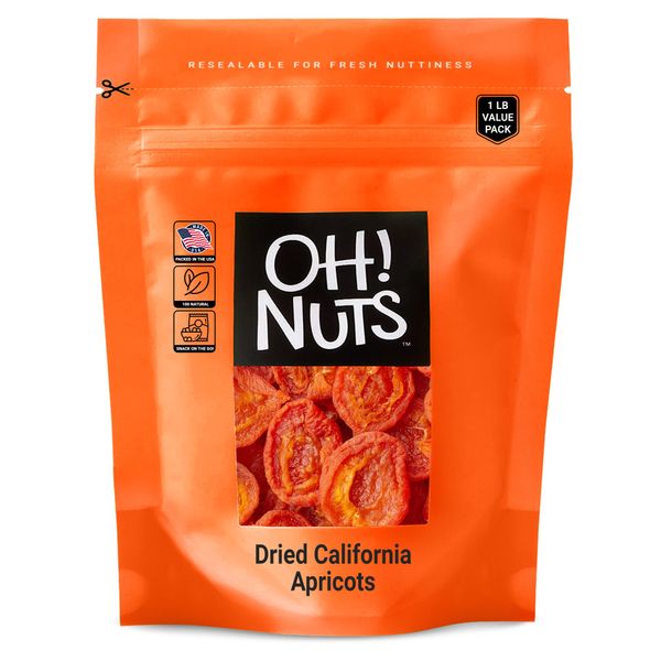 Oh! Nuts Dried California Apricots - 1 LB Bulk | Fresh Dehydrated Natural Apricots, Sundried Unsweetened Dried Fruit for Snacking & Baking Healthy Snack | No Sugar Added, Non-GMO, Gluten-free