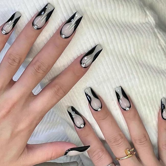 Brishow Coffin False Nails Black Press on Nails Crystal Ballerina Acrylic Stick on Nails Short Fake Nails 24pcs for Women and Girls