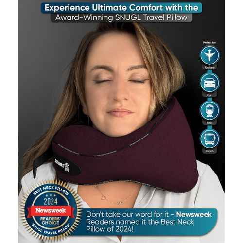 SNUGL Travel Pillow – Memory Foam Pillows - Neck Pillow for Airplane with Carry Bag & Clip – Neck Support Pillows for Pain Relief - Airplane Travel Essentials (Adult Regular - Dark Red)