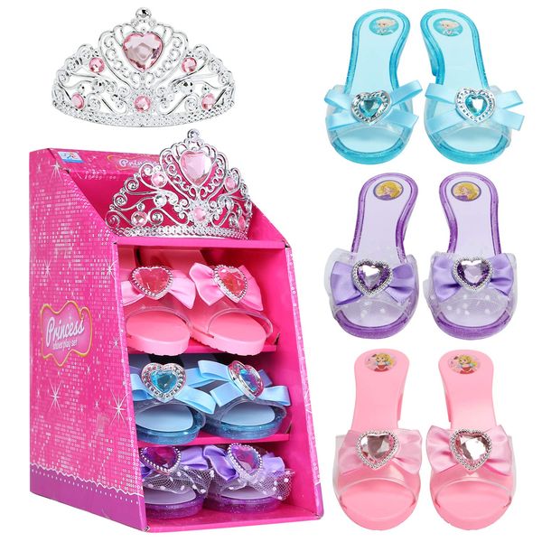 Mastom Girls Play Set! Fashion Princess Dress Up Shoes and Tiara (3 Pairs of Shoes + 1 Tiara) Role Play Collection for Little Girls