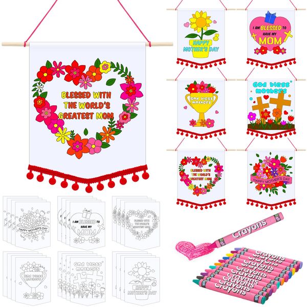 Oudain 24 Pcs Mother's Day Banner Craft Kit DIY Mother's Day Craft for Kids Mother's Day Projects for Kids Home School Classroom Fun Activities DIY Craft for Kids (Elegant Styles)