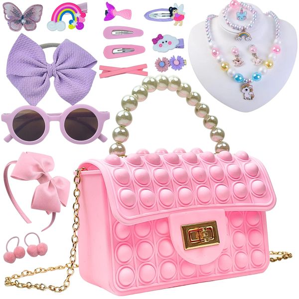 JAZD Pop Its Purse for Girls with Sunglasses, Unicorn Jewelry, Hair Bows Hair Clips , Little Girls Purse with Accessories, Princess Pretend Play Girls Toys for 3 4 5 6 Year Old Unicorn Gift for Girls