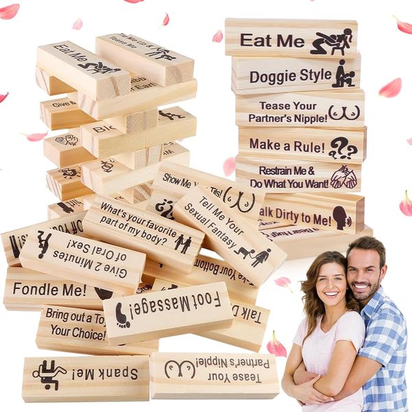 donciety Lust Tower Blocks, 48Pcs Wooden Tumble Tower Game Couples Games for Adults Valentine Tumbling Tower Stacking Blocks Game Stacking Wooden Block Game for Grown Ups (1 Set)