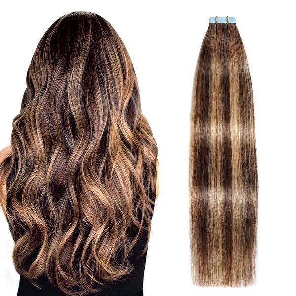 SUYYA Tape Extensions Echthaar,Invisible Tape in Extensions Echthaar Seidig Gerade Remy Echte Menschliches Haar 18 Zoll 45cm 20 Stück 50G #4/27/4 Schokolade Braun Mxied Karamell Blond