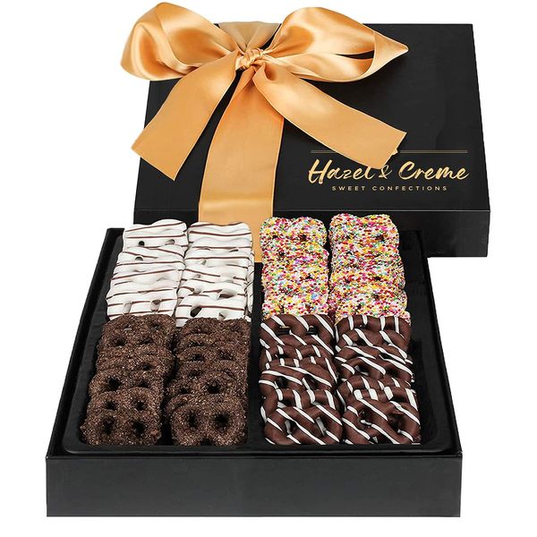 Chocolate Mini Pretzel Gift Basket - Chocolate Covered Pretzels Gift Box - Gourmet Holiday Food Arrangement - Snack Treat Gift, Thank You, Employee Appreciation