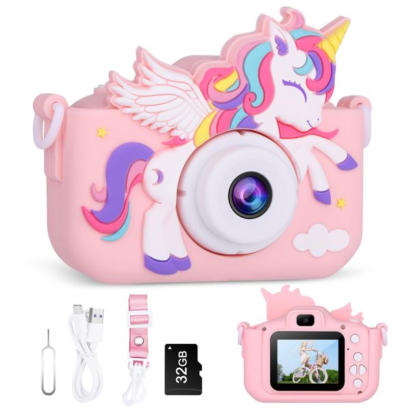 VisionX Unicorn Kids Digital Camera, Birthday Christmas Kids Toy Gifts for 5 6 7 8 9 10 Year Old Girls, 1080P HD Selfie Kids Camera Toys with 32GB Card