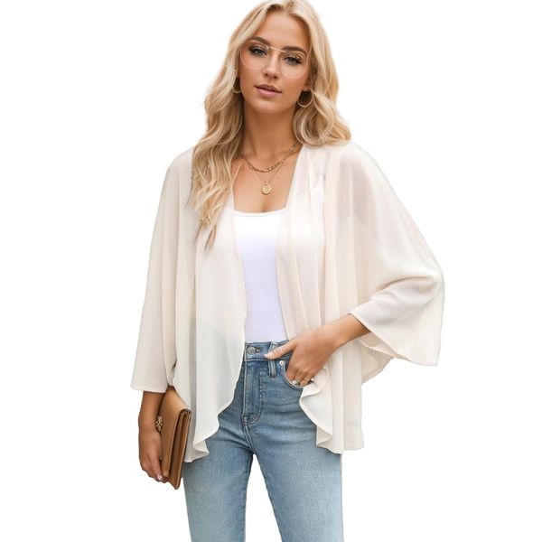 Famulily Lightweight Kimonos for Women Summer Beach Cover up Capes Open Front Shrugs Shawl Blouse Tops (S,Beige)