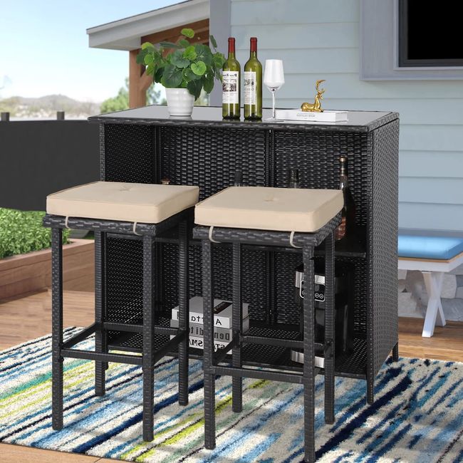 Patiomore 3-Piece Patio Outdoor Bar Set with Two Stools and Glass Top Table Patio Brown Wicker Furniture with Removable Cushions for Backyards, Porches, Gardens or Poolside