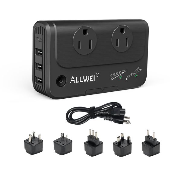 ALLWEI Travel Voltage Converter 220V to 110V Power International Travel Adapter for Hair Straightener/Curling Iron, Universal Power Plug Adapter UK, US, AU, EU, IT, India (Black)