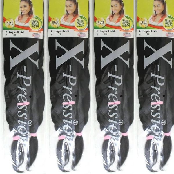 X-Pression 1B 4 PACK XPRESSION LAGOS BRAID Pre-Pulled Hair Extension , 42″ & 46″ Pack , (Colour 1B, Natural Black), 4.0 count