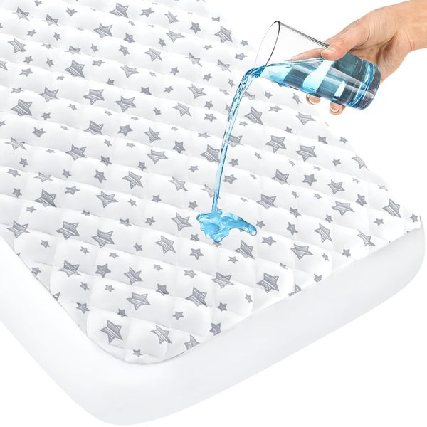 Crib Mattress Pad Protector Waterproof, Quilted Crib Mattress Pad Cover 52'' x 28'' Extra Soft Breathable Toddler Bed Cover Fitted Crib/Toddler Mattress Stretch Up to 8", White Star