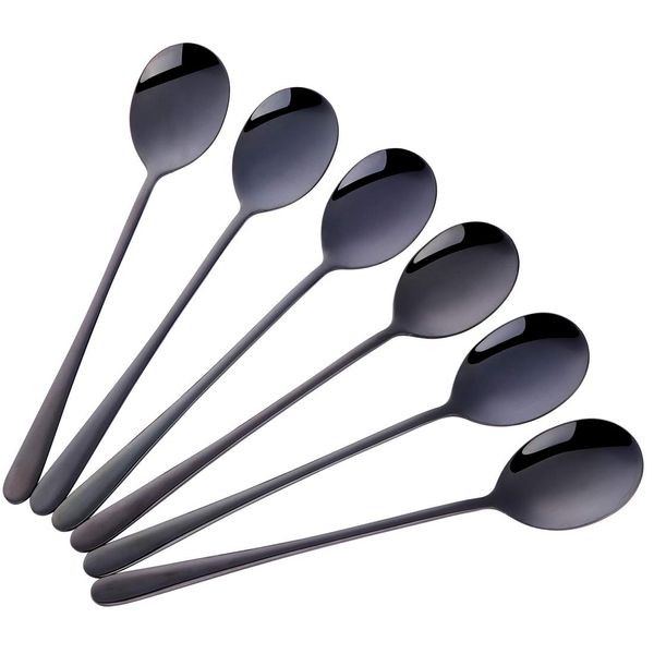 Buyer Star Spoons, Korean Spoons, Set of 6, Black, Total Length 8.1 inches (20.5 cm), Long Handle, 18-8 Stainless Steel, Dishwasher Safe, Suitable for Dinners, Curry, Bibimbap, Soups, Etc