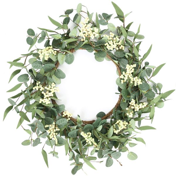 Pinkpum 20'' Eucalyptus Wreath for Front Door, Porch, Window - Green Decor for Home, Farmhouse - Spring, Summer, Fall, All Seasons