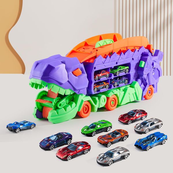 Dinosaur Transporter Truck Carrier Toy Transform into Dino with Dual Lane Race Track for Kids 3 4 5 6 7 8 Years Old with 8 Random Alloy Cars Included.