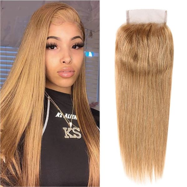 27 Closure Honey Blonde Closure Human Hair Pre Plucked With Baby Hair Transparent Lace Grade 9A High Density Straight Brazilian Virgin Hair Raw Remy Human Hair 4X4 Lace Closure Only Short 16 Inch