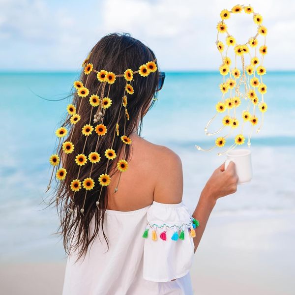 Sunflower Headband Daisy Hair Accessories Flower Crown Sunflowers Hair Beach Boho Hairband Adjustable Tassel Hair Wreath Flowers Hair Bands Women Cosplay Costume (Yellow)