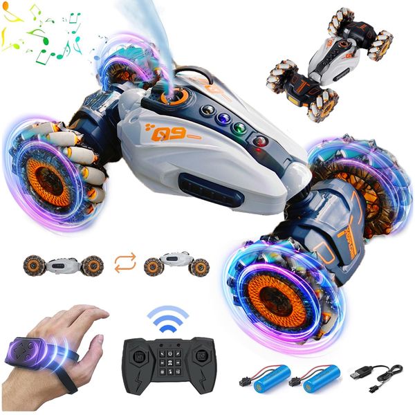 KARMBL Gesture RC Car,Remote Contorl Car with Spray, 4WD Transform 360° Spins All Terrains 2.4 GHz Toy with Lights Music, RC Stunt Cars for Boys Kids