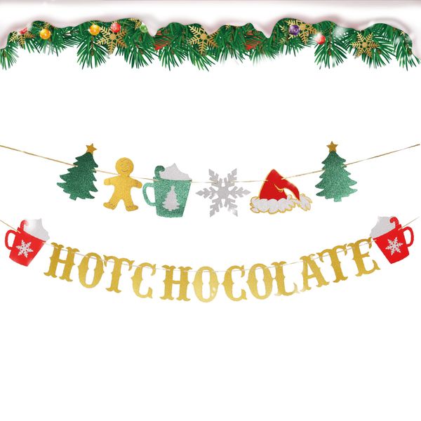 Glitter Christmas Hot Chocolate Banner with Christmas Tree Snowflake Santa Hat Hot Cocoa Bar Garland Banner for Wintertime Christmas Theme New Year Holiday Party Sign Decorations Supplies