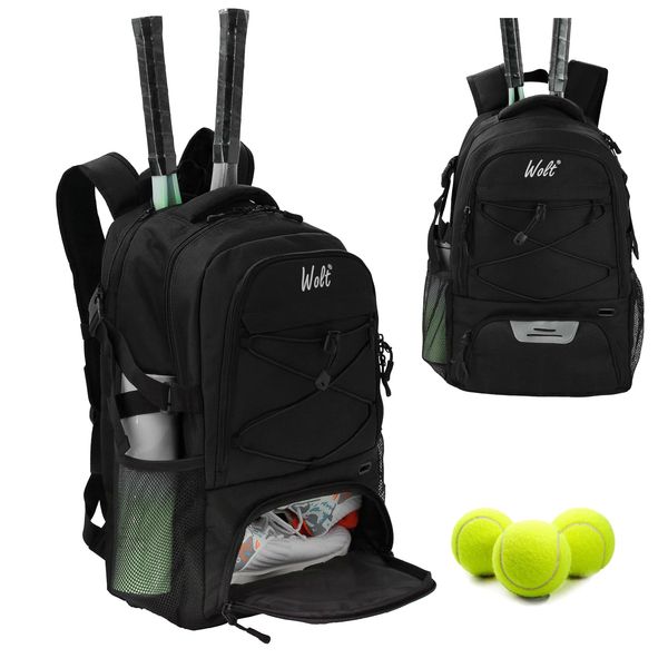 WOLT | Tennis Backpack Tennis Bag for Men Women, Large Tennis Racket Bag with Ventilated Shoe Compartment Holds 2 Rackets,Badminton Squash Racquets, Pickleball Paddles and Balls Accessories