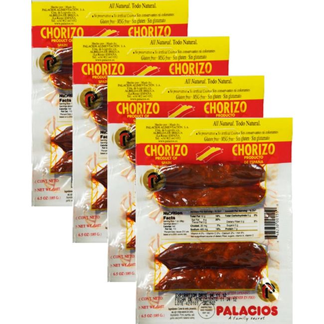 Chorizos Palacios. Imported from Spain. 4 chorizos per pack. 6.5 oz 4 packs Total 16 chorizos