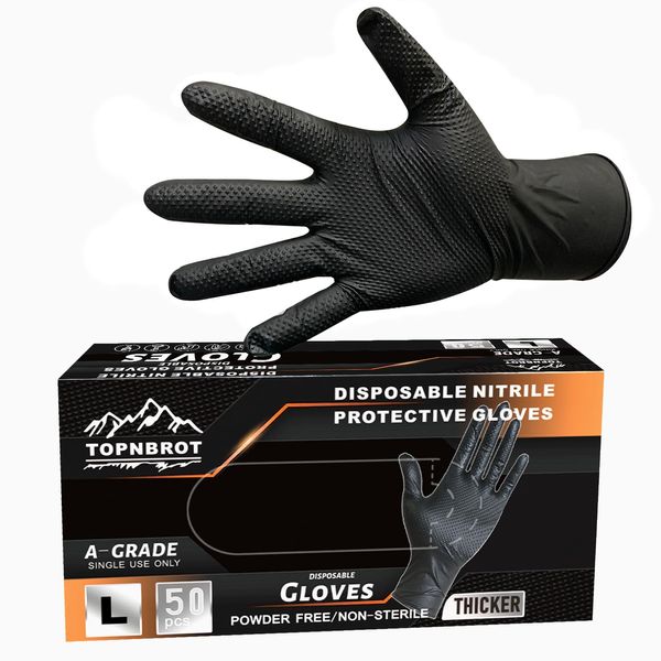 [PHPTHIK] Nitrile Gloves, Disposable Mechanic Gloves, 50 Pieces, 0.01 inch (0.28 mm), Thick Engineer Gloves, Durable, Diamond Grip, Oil-Resistant, Work, Industrial, Automobile, Motorcycle Maintenance, DIY, Cleaning, Black (S-50, Black)