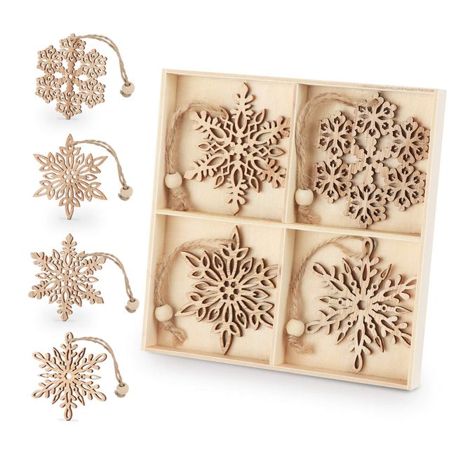 ilauke 12pcs Wooden Snowflakes Decorations 3 inch Christmas Ornaments Wood Hanging Ornament Rustic Farmhouse Christmas Craft Supplies