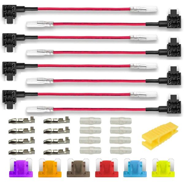 Kiligen 8pcs 12V-24V Mini Low Profile Flat Fuse Holder Extra Wiring Power Removal Flat Fuse + 6 Mini Free Fuses + 8 Wire Connectors + 8 Plastic Caps