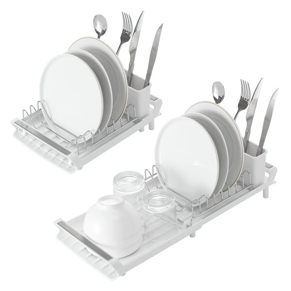 Compact Dish Drainer Expandable Dish Drying Rack with Removable Cutlery Holder Stainless Steel & Plastic Dish Rack Non-Scratch Small Kitchen Dish Drainer Rack, White