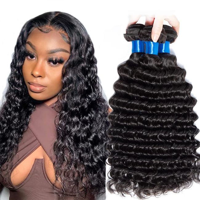 Cranberry Hair Virgin Brazilian Deep Wave 3 Bundles Human Hair Extensions Pack of 3 10Inch 12Inch 14Inch Unprocessed Deep Wave Weave Mixed Length Natural Black Color