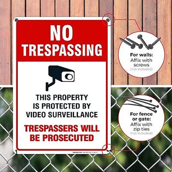 Lot of 2: Video Surveillance No Trespassing Sign, CCTV Security Camera 14' Alum