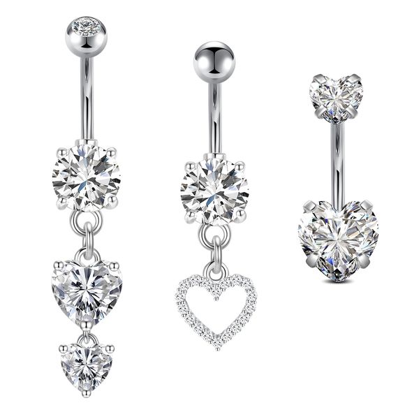 VCMART 3pcs Heart Belly Button Ring Diamond Belly Button Piercing Belly Button Rings Dangling Heart Diamond Dangle Belly Button Rings Surgical Steel Belly Rings for Women 14G 10mm Silver