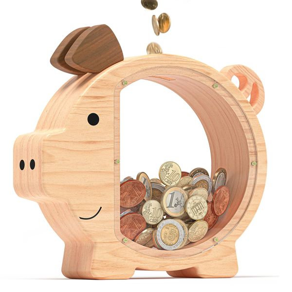 Summidate Wooden Piggy Bank for Kids, Cute Money Box for Boys and Girls, Unbreakable Wood Coin Bank, Creative Saving Money Jar Personalized Gifts for Child Birthday Gift & Decor