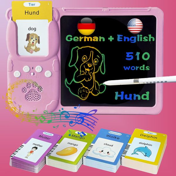 HALCONTORNO Drawing Writing Tablet for Toddlers - Talking English German Flash Cards for Kids 3-12, Bilingual Sensory Toys for Autistic Children, 510 Sight Words, Travel Activity for 4 Year Old (Pink)