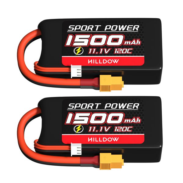 Hilldow 11.1V Lipo Battery 3S 120C 1500mAh Lipos Batteries Rechargeable with XT60 Plug for RC Models Airplane Helicopter UAV Remote Control Quadcopter Drone FPV M9(2 Packs)