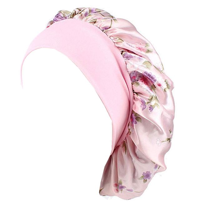 Qhome Womens Sleep Night Cap Wide Band Floral Print Satin Bonnet for Hair Beauty Hair Care Cap Pink