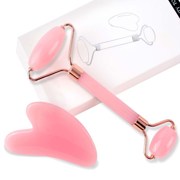 GWAWG Jade Roller and Gua Sha Set Face Roller Face Massager Stone Rose Quartz Face Roller for Face Eyes Neck Body Muscle Relaxing Relieve Fine Lines Wrinkles