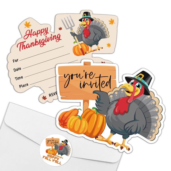 REWIDPARTY Thanksgiving Party Invitations with Envelopes & Stickers（Set of 15） Turkey Shaped Fill-in Invitations Happy Thanksgiving Invites Cards Thanksgiving Fall Party Supplies for Kids Adults