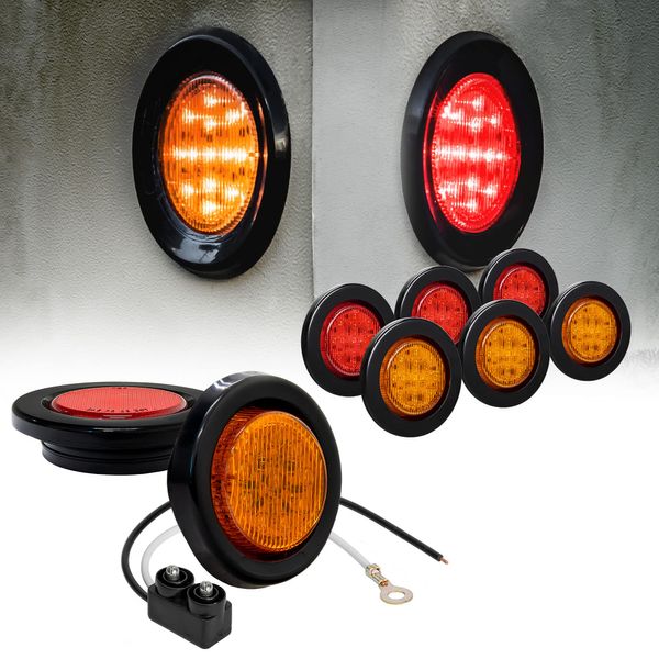 TRUE MODS 8pc 2.5" 12V Amber + Red Round LED Clearance Side Marker Light Kit [DOT Approved] [Reflector Lens] [Grommet & Plugs] [Flush-Mount] [Waterproof IP67] for Boat Trailer Semi Truck RV Peterbilt