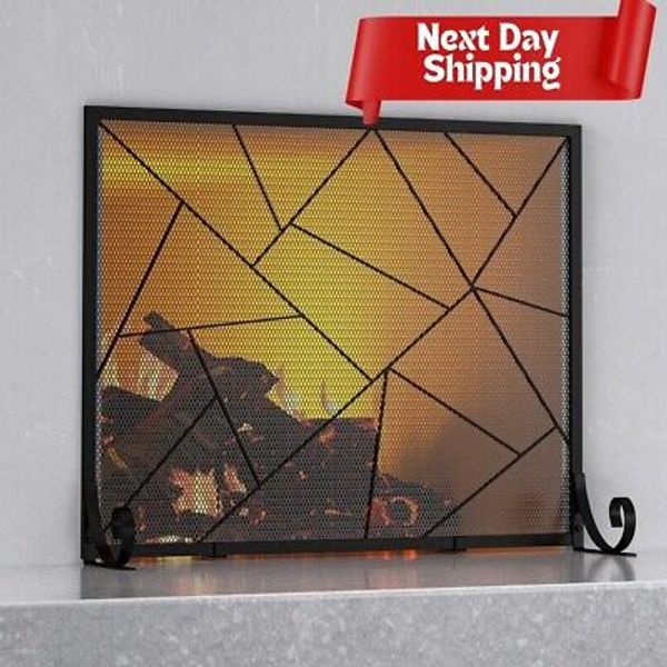 Fireplace Screen Decorative  Metal Mesh Geometric Fire Spark Guard Gate, Iron