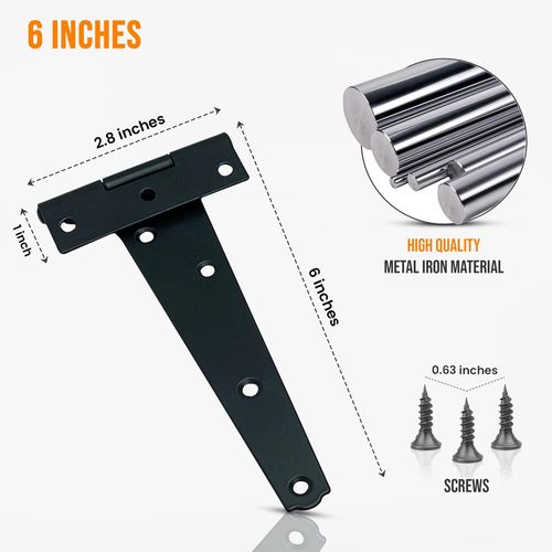 Garden Gate Hinges for Wooden Shed - 6 Inch 2Pcs Weather & Rustproof Powder Coating Metal Tee Strap Black Door Hinges for Garden Shed, Window, Fence, and Barn Gates