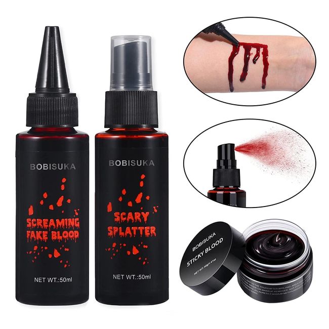 BOBISUKA Halloween Fake Blood Makeup Kit - Realistic Washable Special Effects SFX Makeup Coagulated Blood + Dripping Blood + Spray For Zombie Vampire Monster Cosplay Mouth Clothes Dress Up