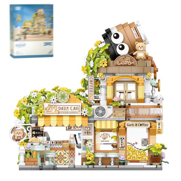 LUOGFYNI Street View Coffee Shop Building Blocks Set, Creative Bear Animal Theme House, Bear Café Mini Blocks Simulation Architecture Construction Toy, Unique Gift for Adults