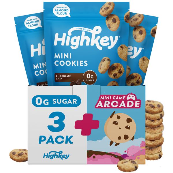 HighKey Keto Chocolate Chip Mini Cookies - Gluten Free Sugar Free Cookies Keto Snack Low Carb Snacks Healthy Protein Diabetic Dessert Food Low Sugar Treat Diet Friendly Sweets 3 Pack + Arcade